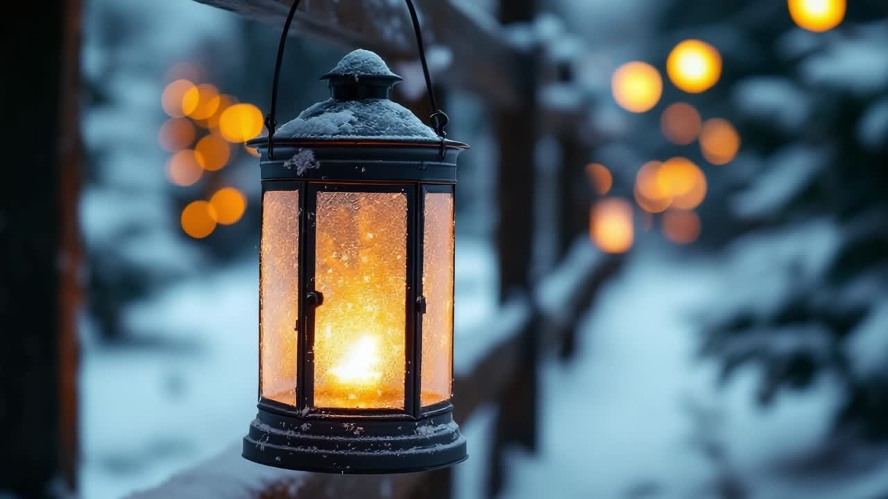 Illuminated lantern glowing warmly in snowy landscape with blurred lights creating a cozy atmosphere
