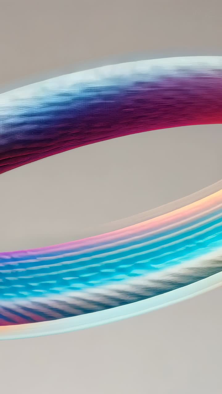 Vertical video: Animating tubular ribbon on play, rotating undulating on grey wall, shifting colors