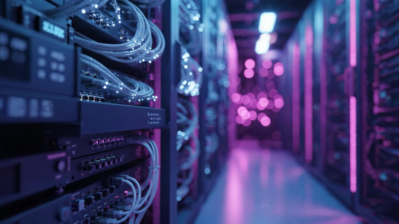 Illuminated Data Center with Network Racks and Colorful Cabling in a Modern Server Room, Showcasing Technology and Data Transmission Efficiency