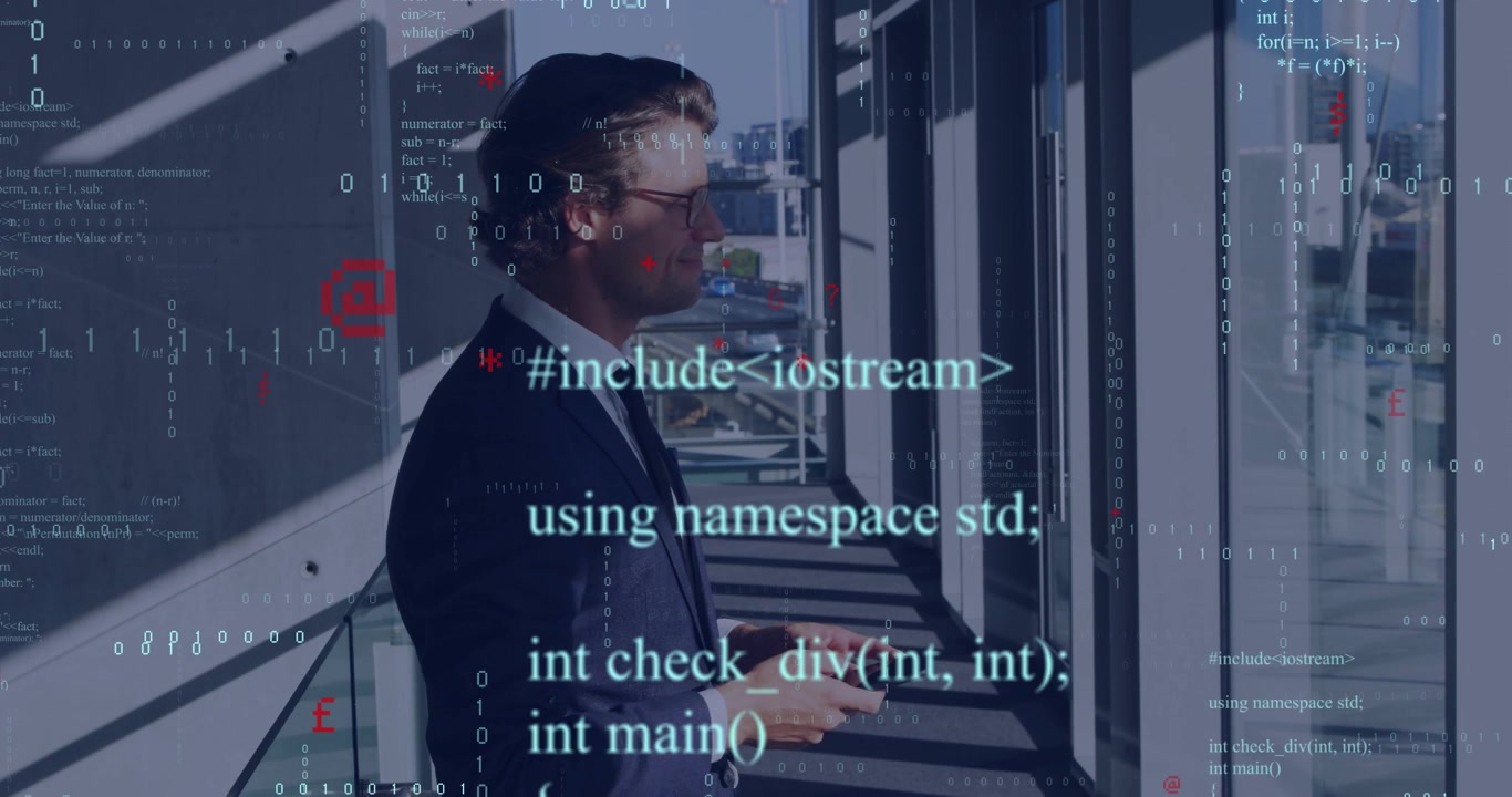 Using smartphone, businessman viewing digital data processing animation overlay