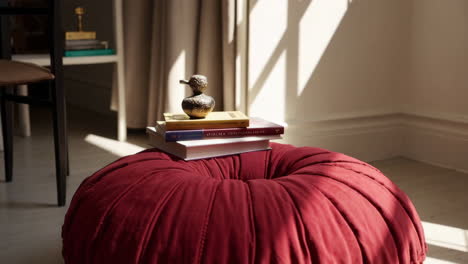 stylish living room with red pouf and books