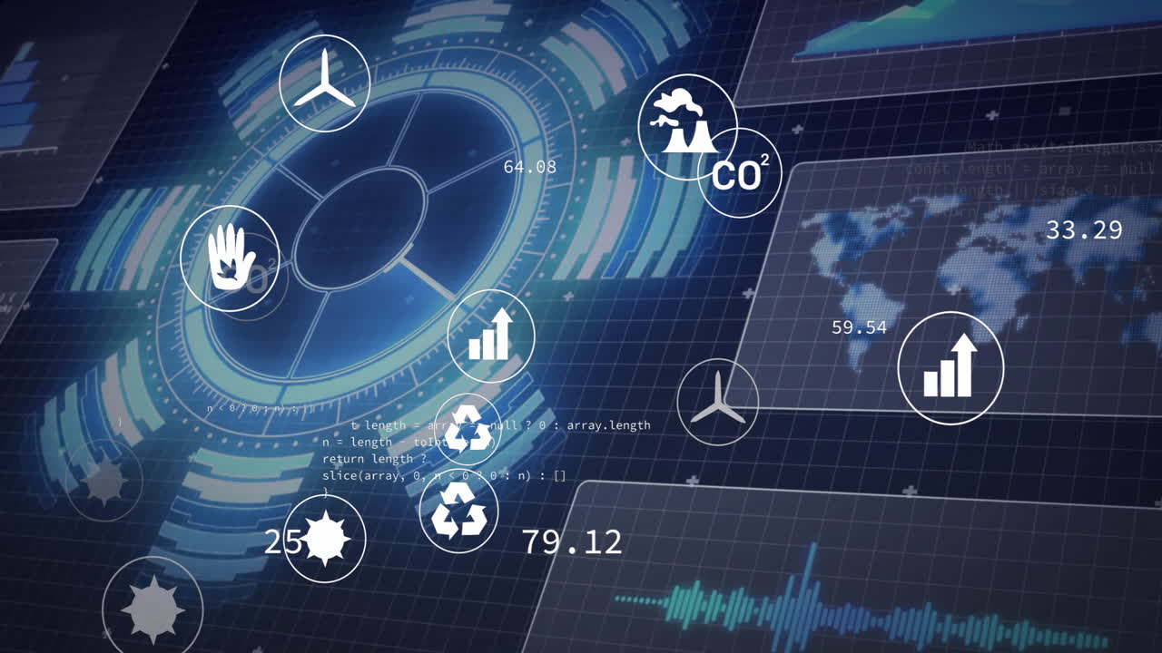 animación de iconos eco y procesamiento de datos digitales en el ámbito y las pantallas