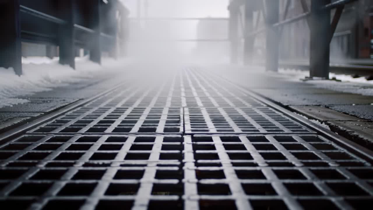 Atmospheric View of a Grate-Covered Pathway with Mist; Captured Moments Highlighting the Textured Surface and Ambient Fog that Envelops the Scene