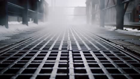 atmospheric view of a grate-covered pathway with mist; captured moments highlighting the textured surface and ambient fog that envelops the scene