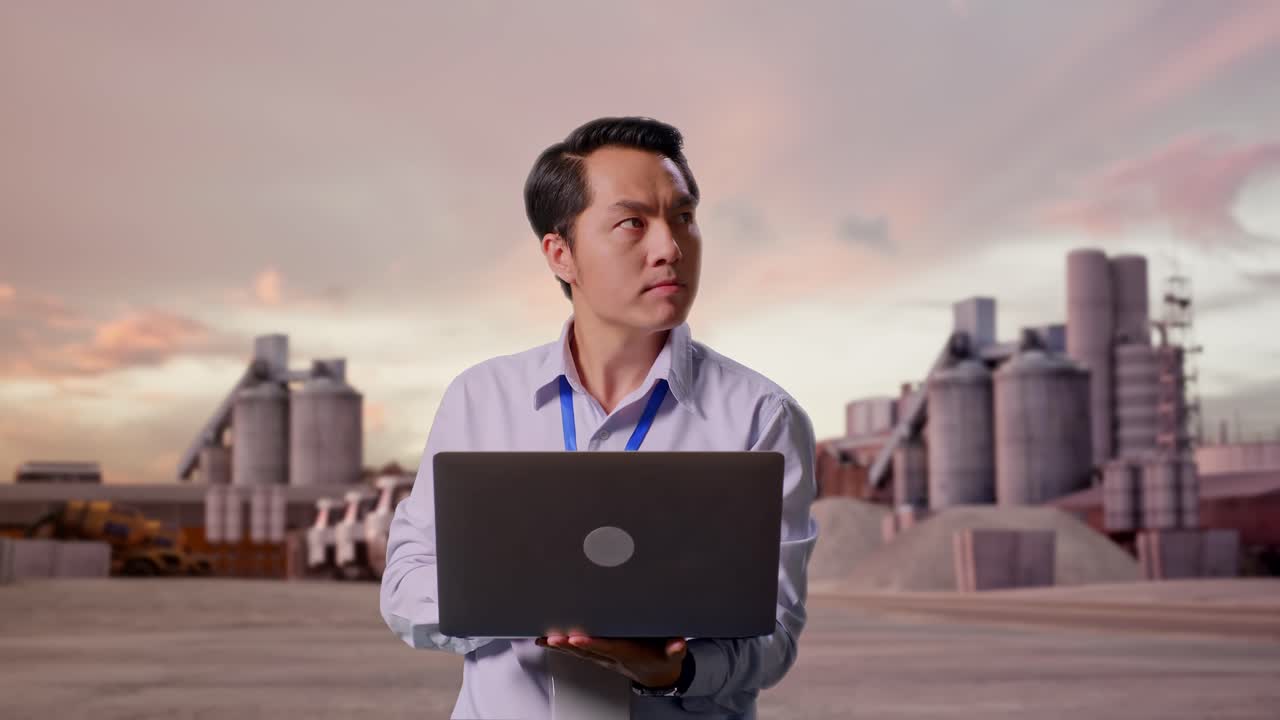 Aziatische mannelijke professionele werknemer die met zijn laptop staat bij een industriële cementfabriek bij zonsondergang; hij observeert door rond te kijken voordat hij zich concentreert op zijn laptop.