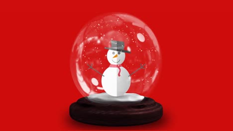 Animation-of-smiling-snowman-in-snow-globe-over-red-background