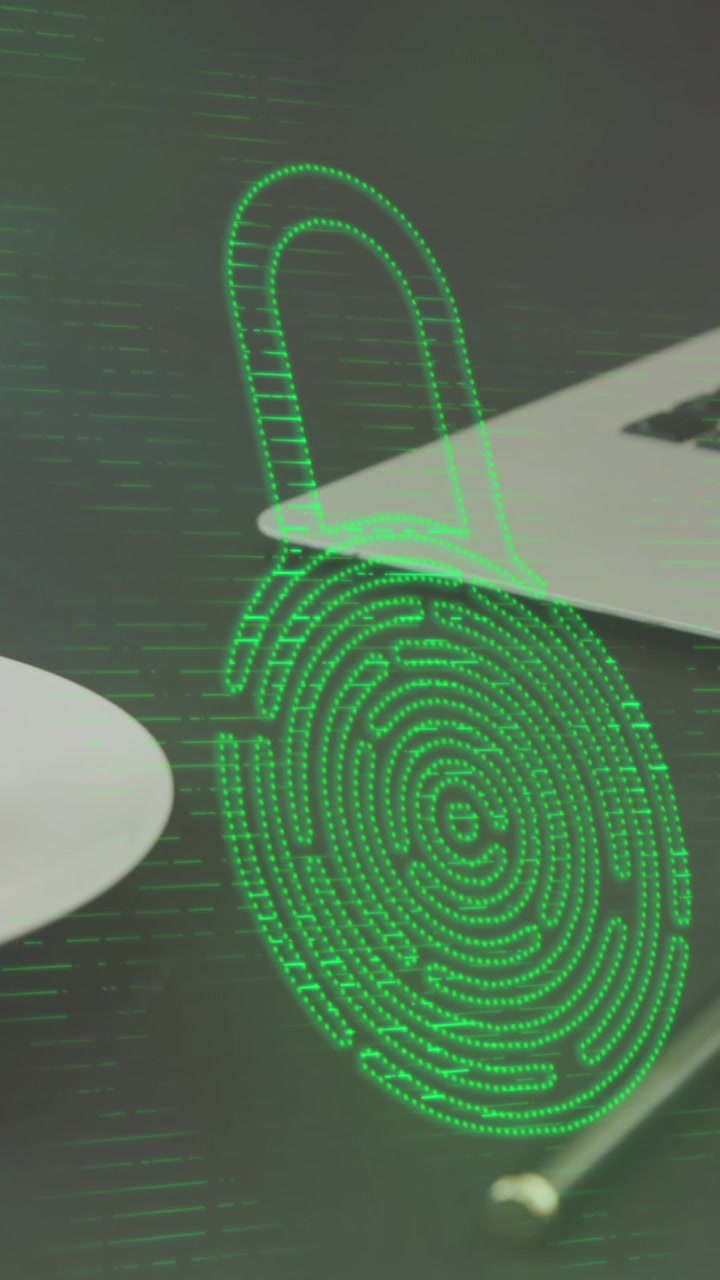 Animated Digital Padlock and Fingerprint Scan on a Desk with Laptop