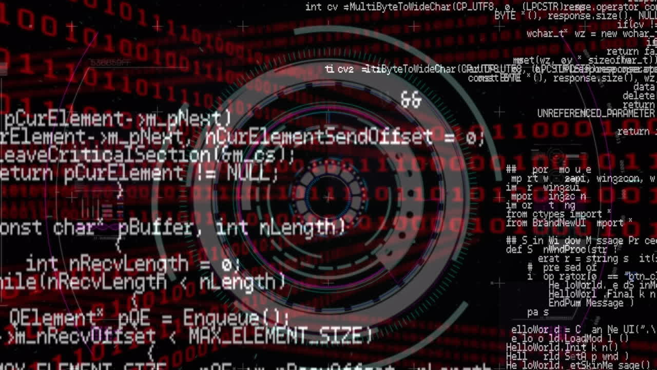 animación del lenguaje informático sobre círculos contra códigos binarios en fondo negro