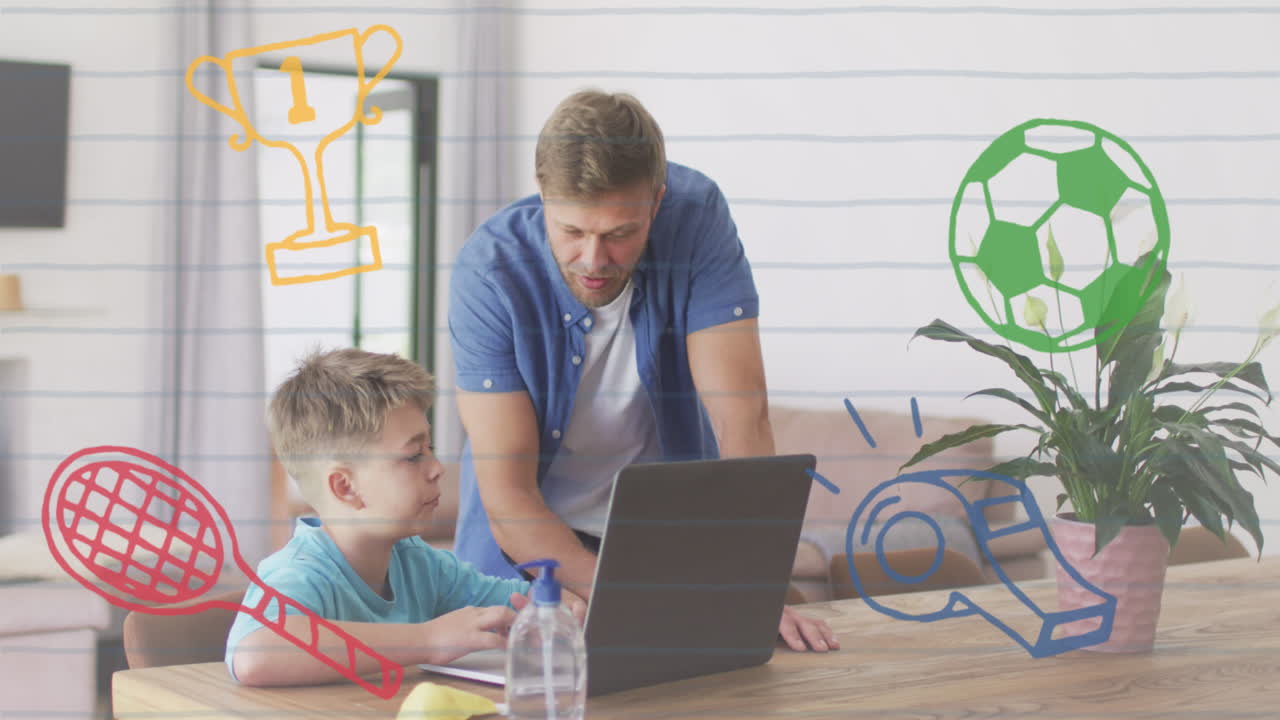 animación de iconos deportivos sobre padre y hijo caucásicos aprendiendo en casa