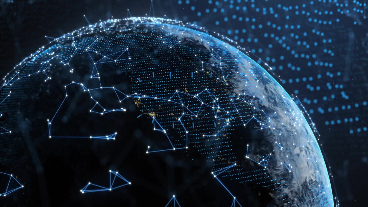 Animation of global communication with digital network connections over Earth's surface