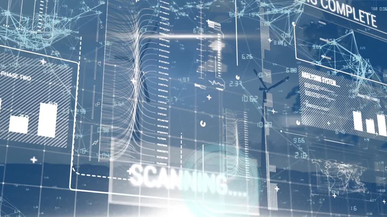 둥근 스캐너의 애니메이션과 하늘에 대한 회전하는 풍차에 대한 데이터 처리 인터페이스