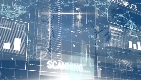 Animation-of-round-scanner-and-interface-with-data-processing-over-spinning-windmills-against-sky
