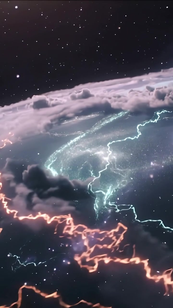 Video verticale: Tracciando archi ciano e arancioni sopra le nuvole mentre la telecamera si avvicina, mostrando i bagliori della nebulosa.