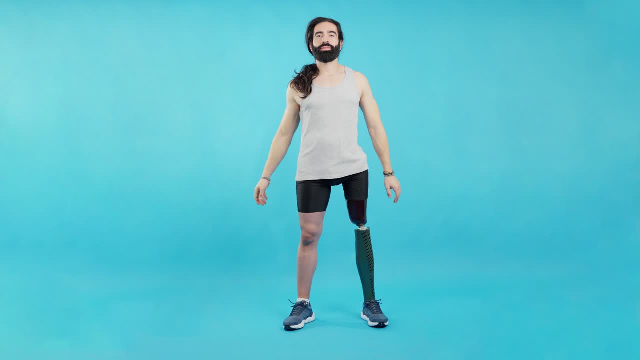 Confident Man with Prosthetic Leg Smiling on Blue Background