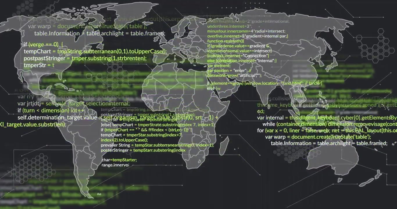 Green and white code being streamed across stylized world map by data feed, revealing hotspots