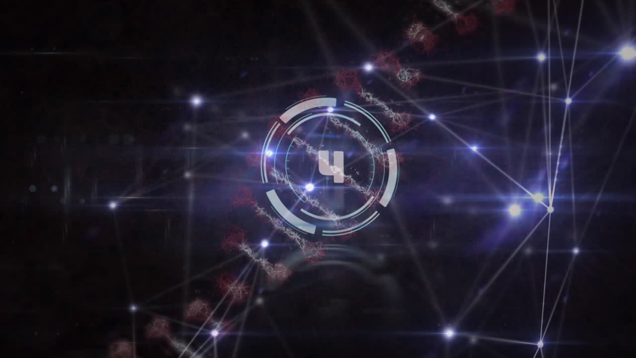 temporizador de cuenta atrás sobre la estructura del adn girando contra la red de conexiones en fondo negro