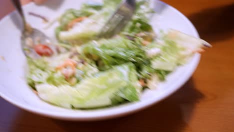 mixing a platter of vegetables, tuna, and salad dressing, served with a side dish of stir-fried shrimps