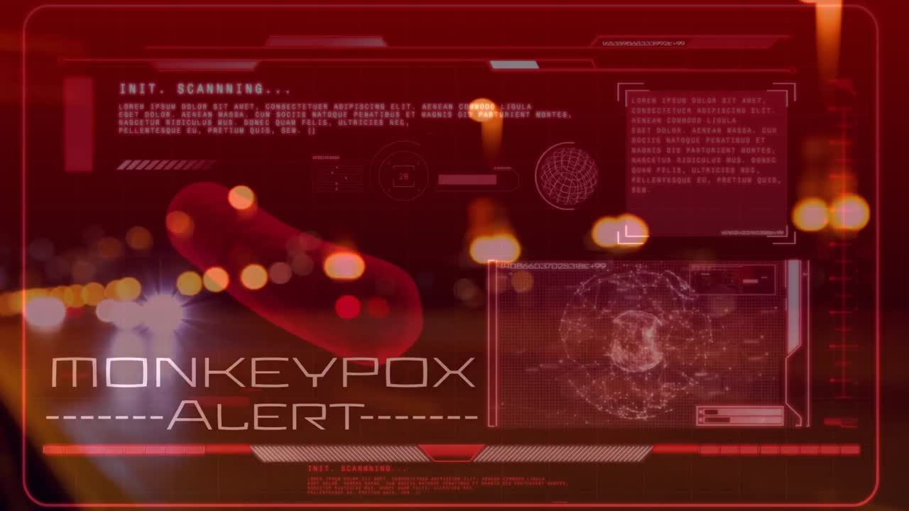animación de la viruela del mono sobre pantalla digital roja con datos y virus