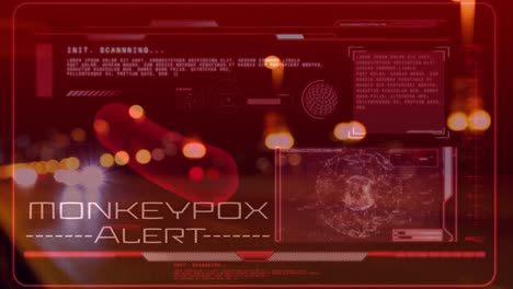 animation of monkey pox over red digital screen with data and virus