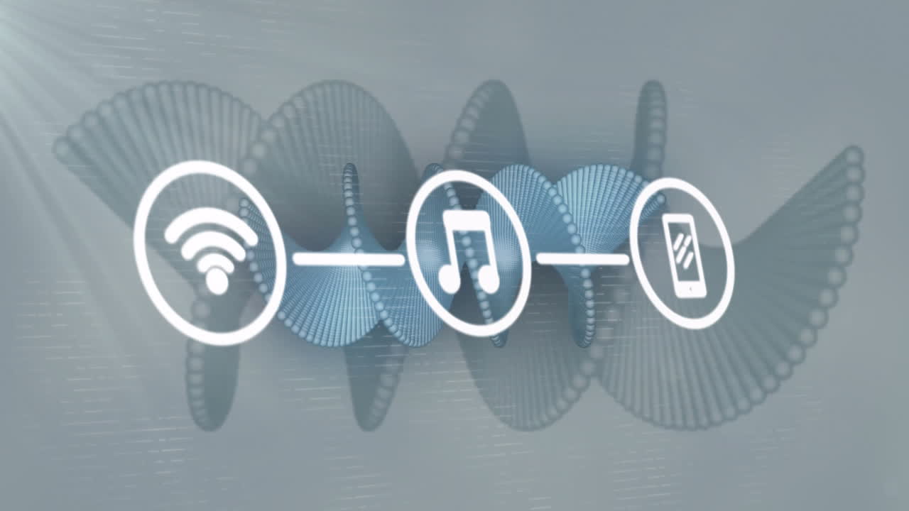 Music note and smartphone icons connected over abstract sound wave animation