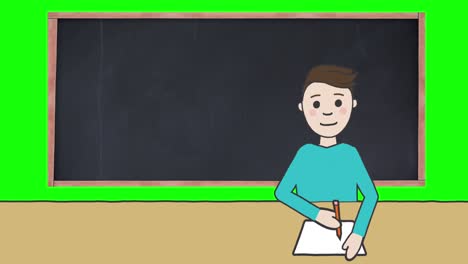Animation-Der-Illustration-Eines-Schuljungen,-Der-Am-Schreibtisch-Sitzt-Und-Mit-Einer-Tafel-Auf-Einem-Grünen-Bildschirm-Schreibt