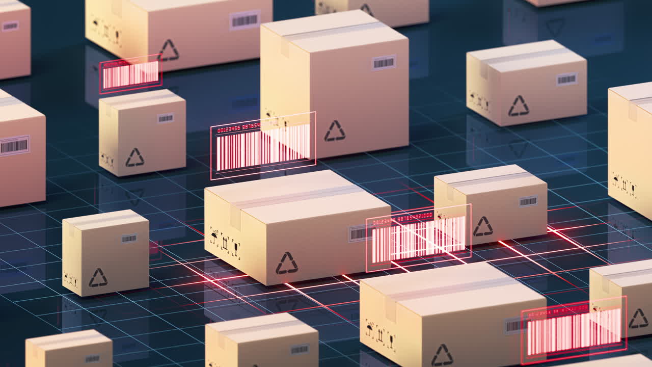 código de barras y cartón, inspección y transporte de mercancías, renderización en 3d.