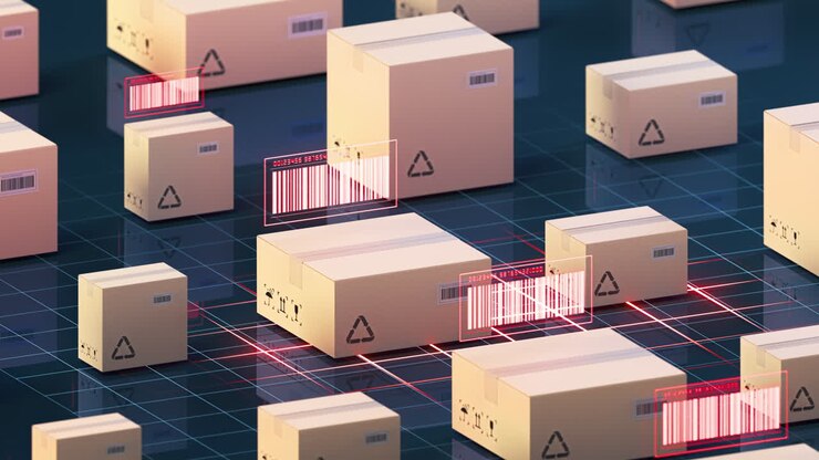 Carton and bar code, commodity inspection and transportation, 3d rendering.