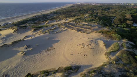 Aerial-view,-sunset-on-grassy-dunes-at-Kijkduin-Beach