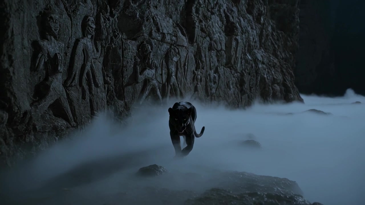 Pantera negra caminando hacia la cámara a través de una orilla brumosa, la luna revelando un relieve tallado en el acantilado.
