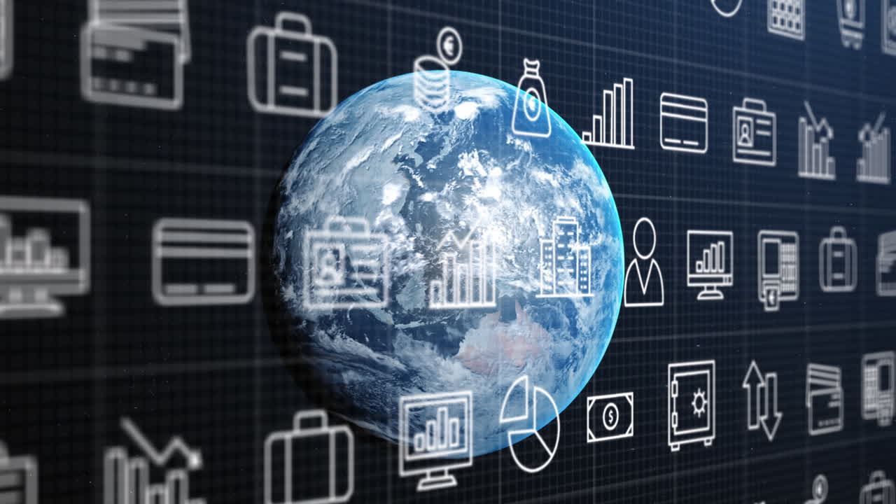 animación de múltiples iconos digitales sobre una red de cuadrícula contra un globo terrestre sobre un fondo azul.