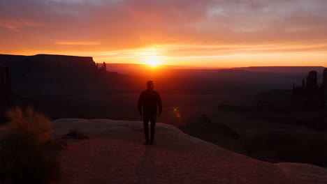 solitary figure overlooking a vast desert landscape at sunset