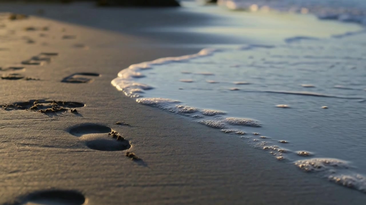 La schiuma che avanza lambisce le impronte di piedi nudi sulla riva, ammorbidendone i bordi e riflettendo il cielo, con spazio per il testo