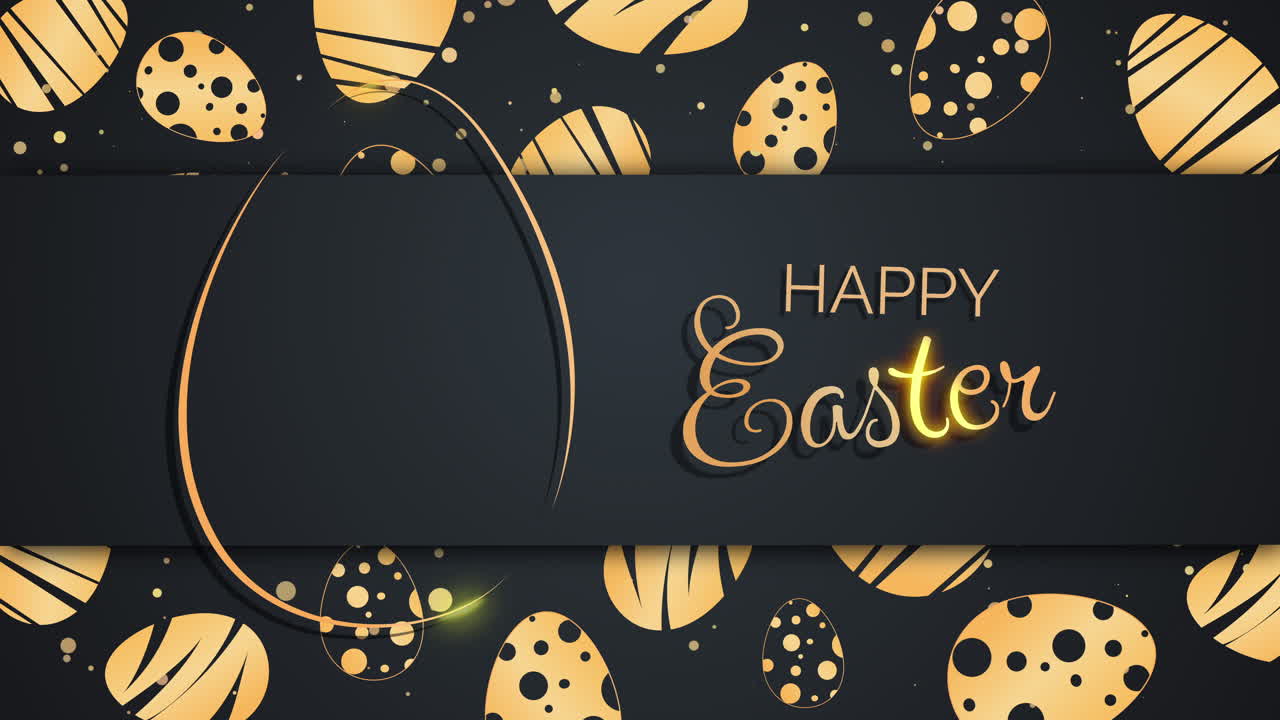 Iscrizione dorata "Buona Pasqua" su sfondo nero con uova di Pasqua decorative con motivi. Salvaschermo animato in loop.