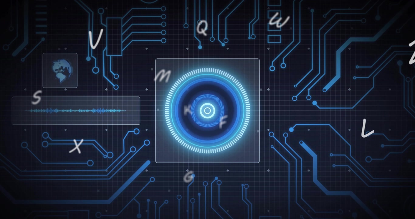 When waveform bar activating, central HUD brightening, pulsing, rotating rings visualizing data