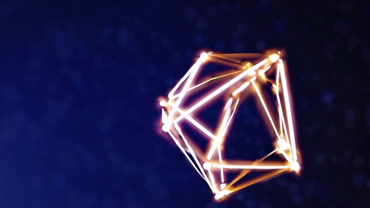 A 3D geometric shape with glowing lines floats against a dark background