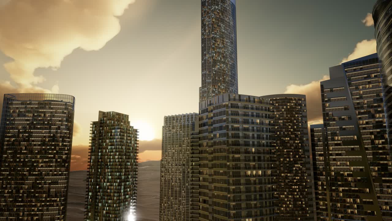 rascacielos de la ciudad al atardecer en el desierto