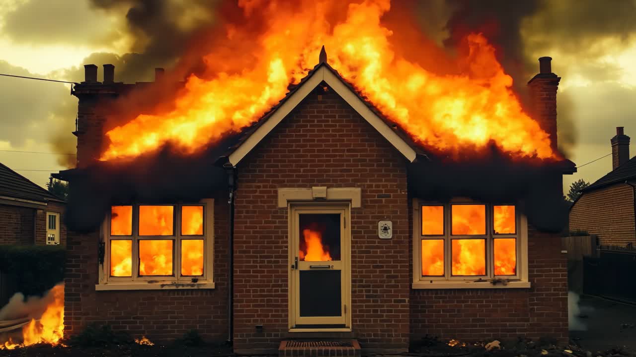 창문 밖으로 나오는 연기가 불타는 집