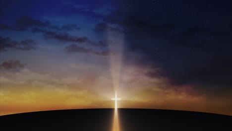 bright cross on the hill with clouds moving on the starry sky