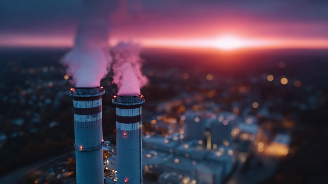 Centrale elettrica industriale al crepuscolo: fumo che si sprigiona da due ciminiere su uno sfondo di un magnifico tramonto con colori vivaci nel cielo.