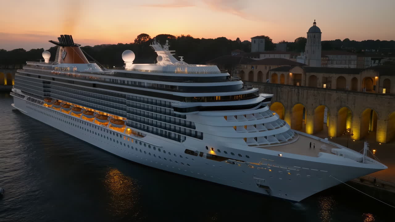 Luxury Cruise Ship Docked in Port at Sunset