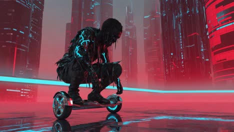 cyberpunk figure on hoverboard in neon city