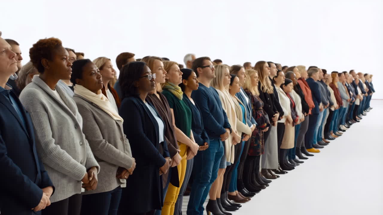 A diverse group of people standing in a long line on a white background