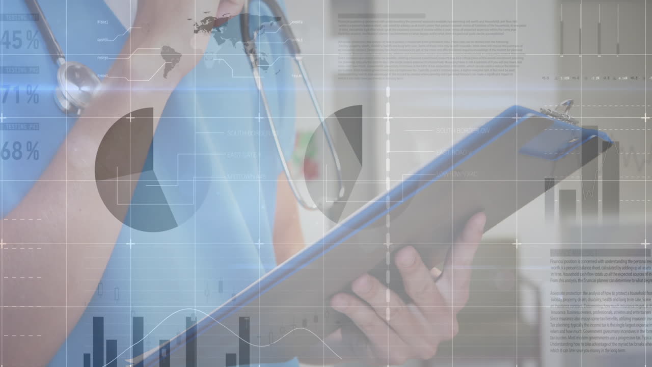 파일과 함께 백인 남성 의사에 대한 데이터 처리 애니메이션