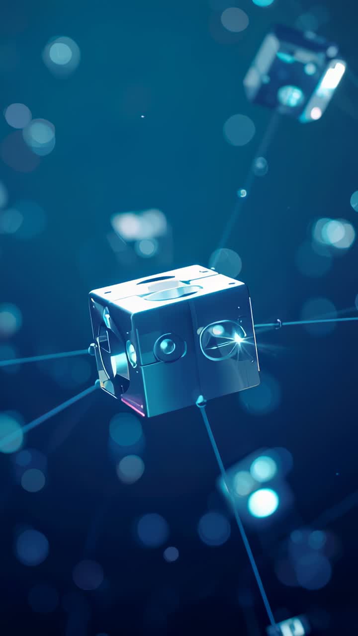 Vertical video: Rotating metal cube glowing in deep teal space pulses moving on rods sending data