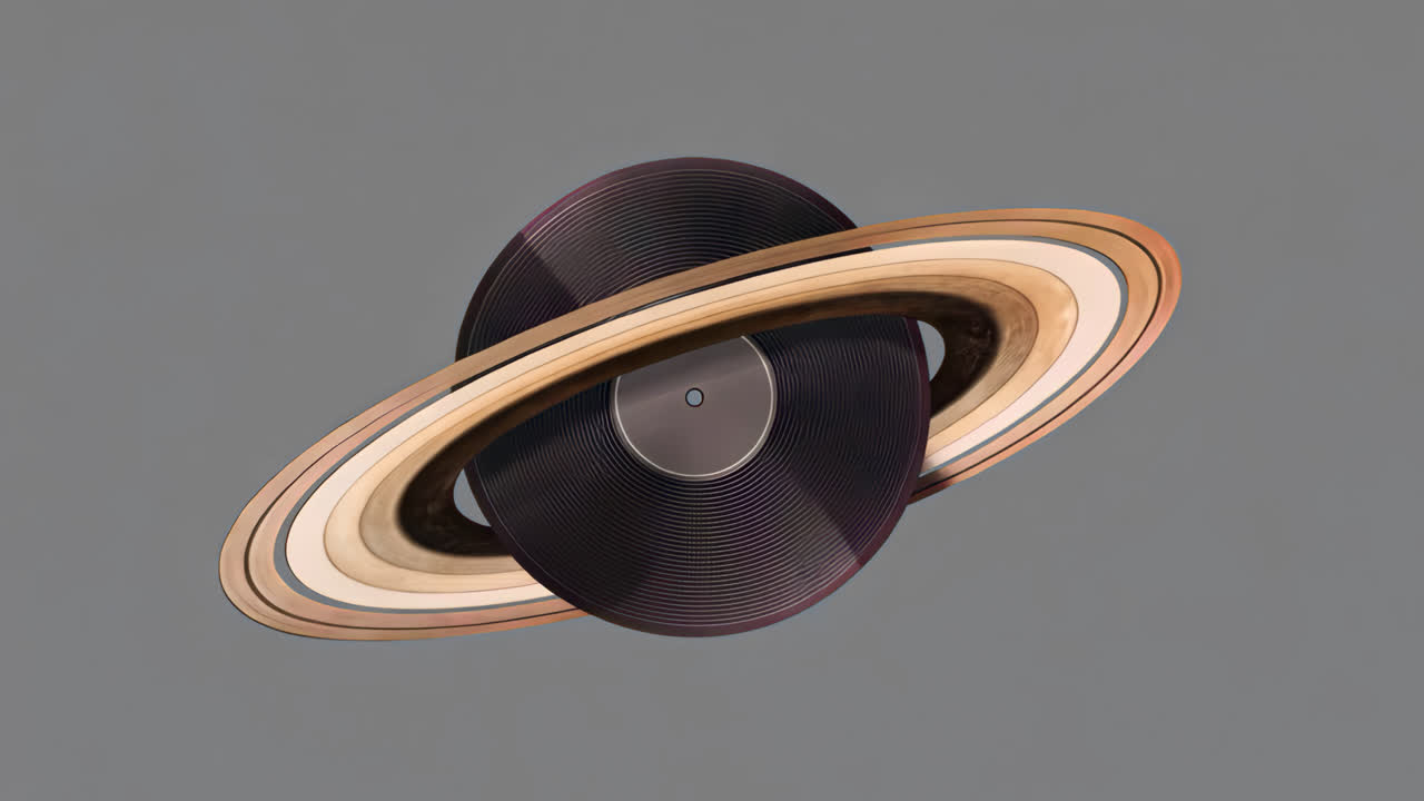 Roterende vinylplader, der danner en konceptuel Saturn-planet