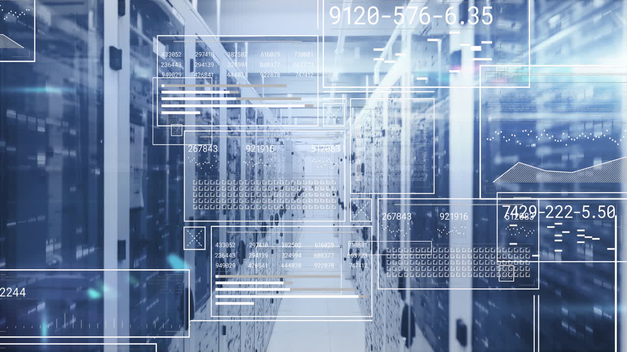 Animation of changing numbers, circles and loading bars against server room in background