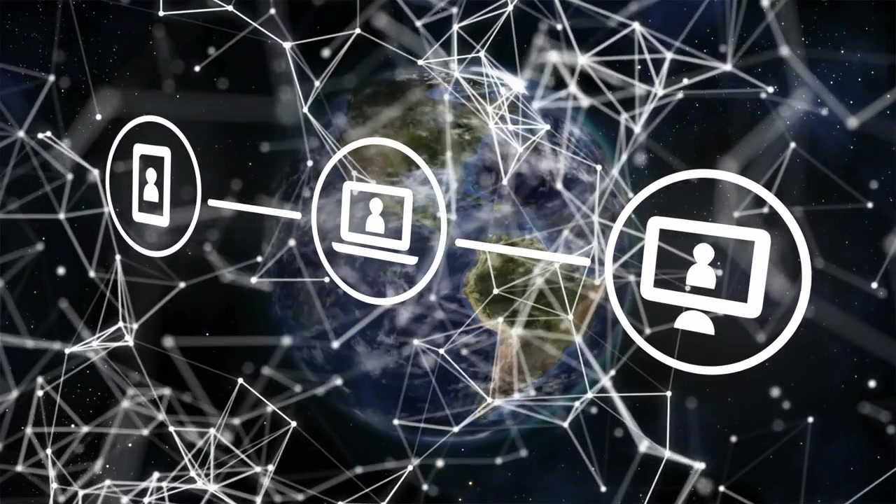 Video verticale: appare uno schermo che collega telefono e laptop attraverso la Terra, con una rete in movimento che mostra una rete tecnologica.