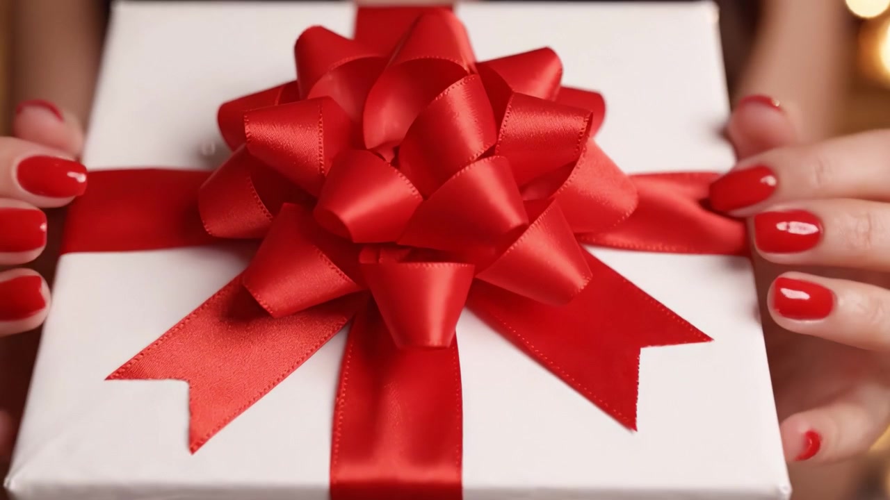 A beautifully wrapped gift adorned with a striking red bow, held delicately in hands with polished red nails, symbolizing celebration and the joy of giving.