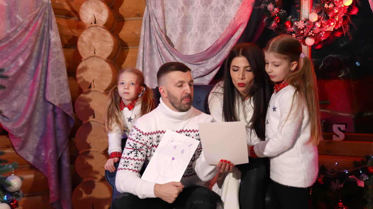 Little sisters looking at their handmade pictures while spending time at home with their parents. Children waiting for the New Year