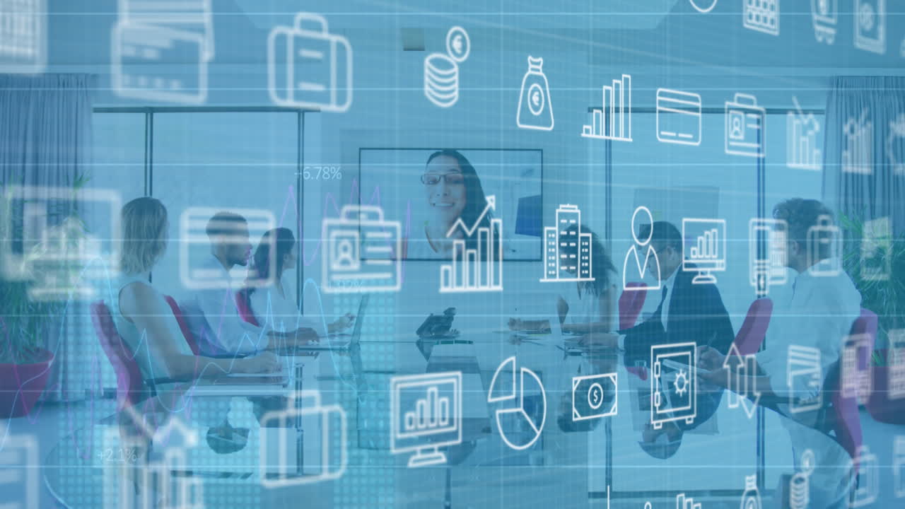 animación de múltiples iconos sobre una mujer diversa discutiendo informes con compañeros de trabajo en una llamada de video